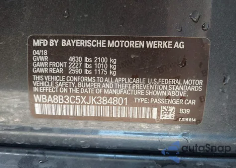 2018 BMW 340I from USA, damaged, VIN WBA8B3C5XJK384801